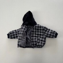 新款韩版童装复古格子夹棉保暖连帽外套儿童冬款百搭防风夹克上衣