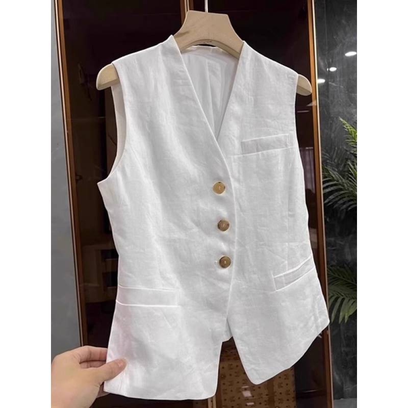 White Linen Suit Vest Women's Spring and Summer Classy Retro Collar Cotton and Linen Waistcoat Vest