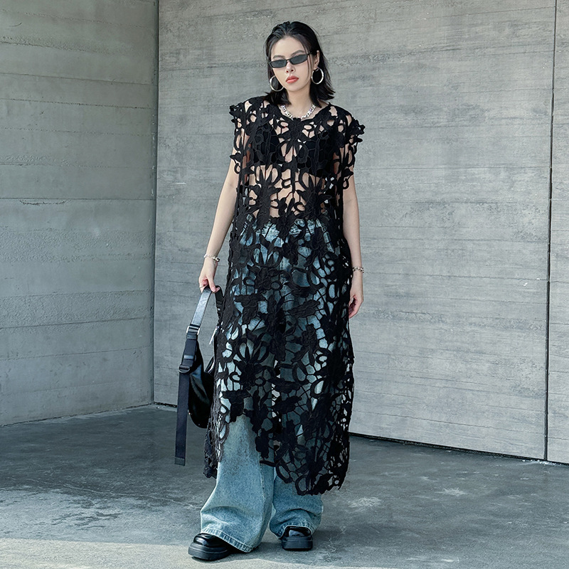 French Retro Hollow Lace Long Blouse dress 2025 Summer New High-end Sexy Pure Long Dress French Retro Hollow Lace Long Blouse dress 2025 Summer New High-end Sexy Pure Long Dress
