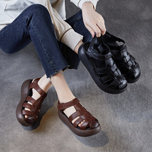 包头真皮罗马凉鞋女厚底2025新款夏季猪笼编织复古休闲镂空凉鞋