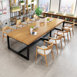 现代简约 办公室原木大板长条桌实木洽谈桌椅 职员多人台式电脑桌