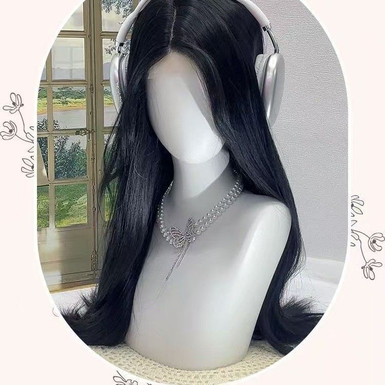 Negro largo recto cabello rizado gancho de mano frente encaje blanqueamiento atmósfera natural peluca A08