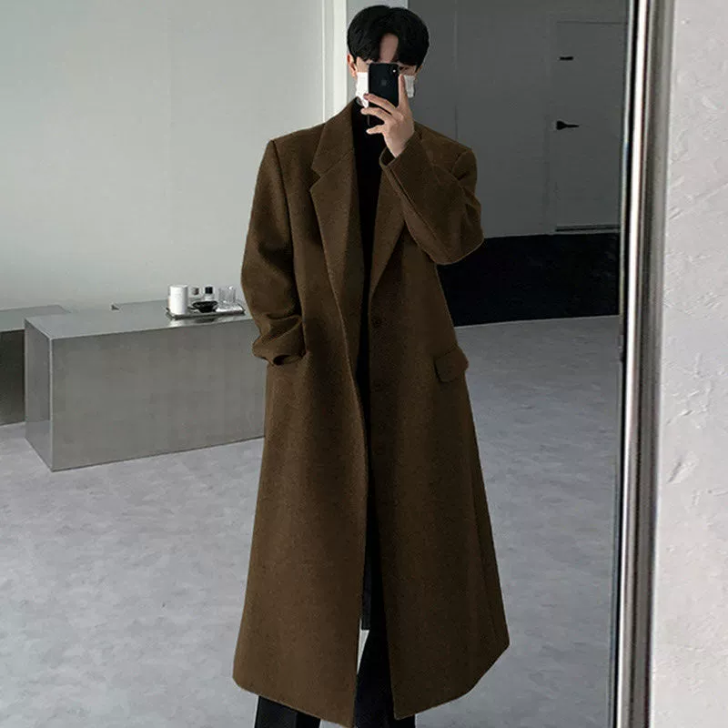Шерстяное пальто мужского среднего и длинного колена черное свободное шерстяное пальто осенью и зимой