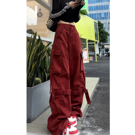 American high street multi-pocket workwear casual pants women's 2020 Spring and Autumn New straight mop wide leg sports pants