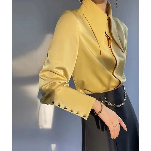 H8A point-neck satin shirt for women in spring and autumn, loose draping silk slip top, design, niche temperament, lapel