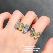 日落水滴蝴蝶宝石项链 富家千金镀18K金蝴蝶结鹅黄锆石冰花切戒指