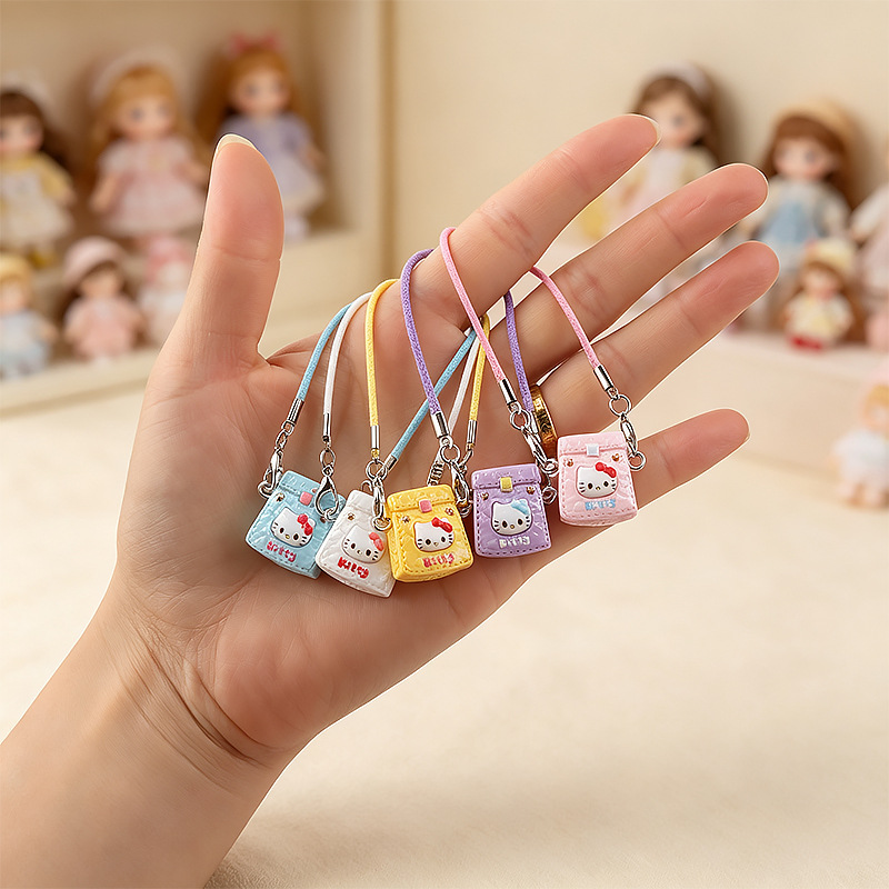 Dollhouse mini KT cat small square bag charm, macaron-colored crossbody accessory, doll phone chain