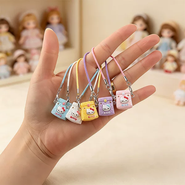 Dollhouse mini KT cat small square bag charm, macaron-colored crossbody accessory, doll phone chain