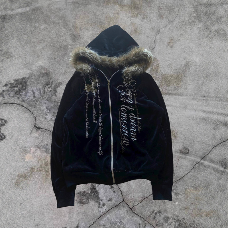 Autumn and Winter American Retro High Street Style Fur Collar Ins-Style Printed Design Crop Aesthetic Punk Hip-Hop Trendy Sweatshirt Autumn and Winter American Retro High Street Style Fur Collar Ins-Style Printed Design Crop Aesthetic Punk Hip-Hop Trendy Sweatshirt