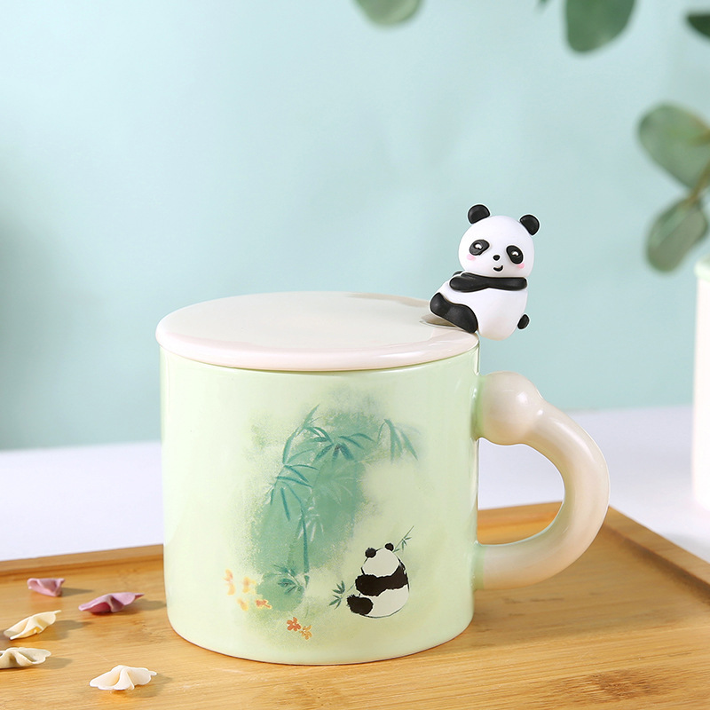 かわいい家庭用アニメパンダの蓋付きオフィス陶磁器カップ高颜値カップお土産マグカップ|undefined