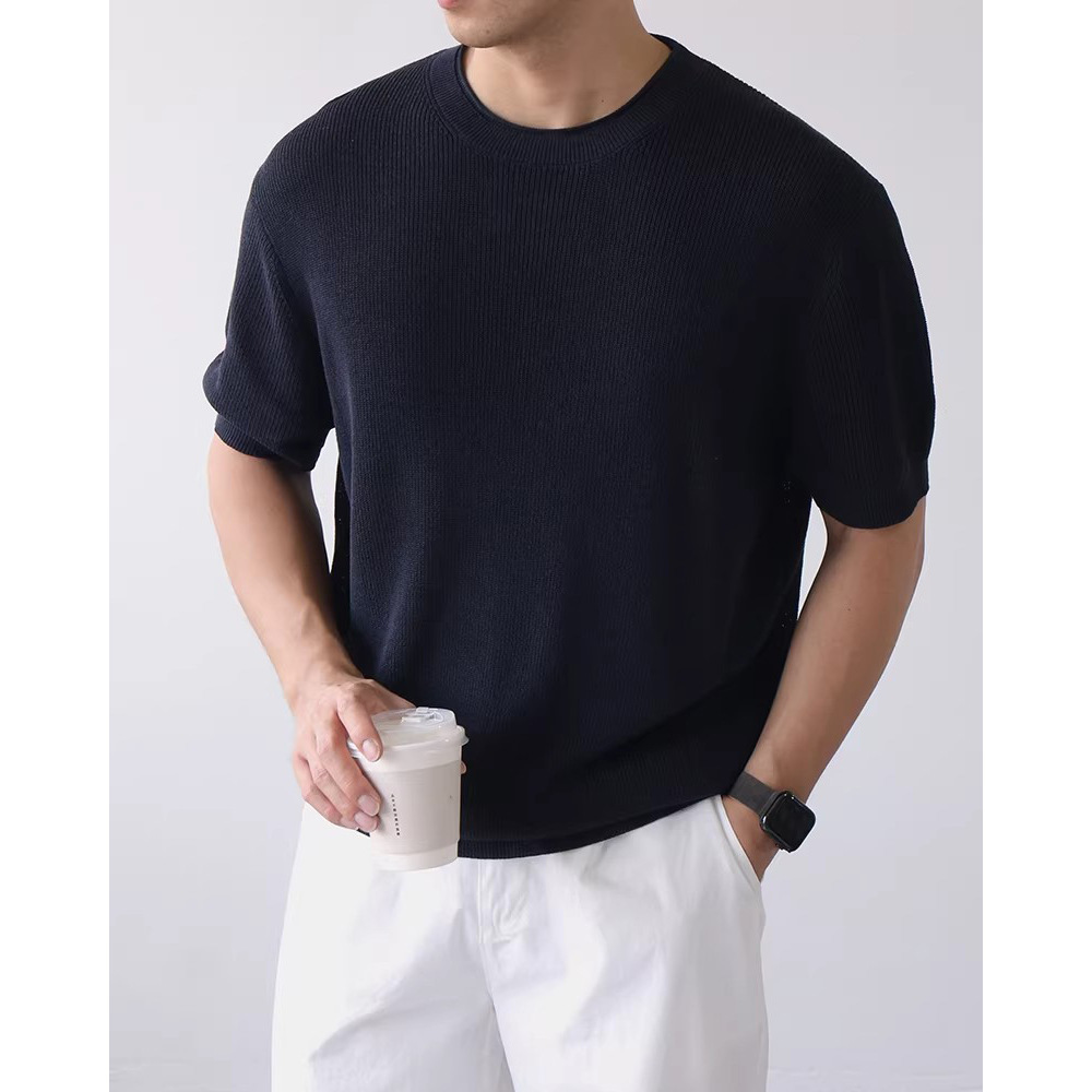 Camiseta de punto de manga corta hombre cuello redondo hueco seda de hielo transpirable verano de negocios de color sólido en el interior de verano al por mayor transpirable secado rápido