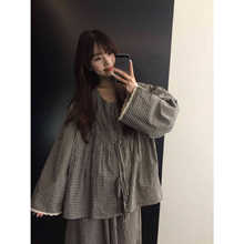 韩系格纹蕾丝花边睡衣女春秋季新款宽松大码可外穿家居服绵绸套装