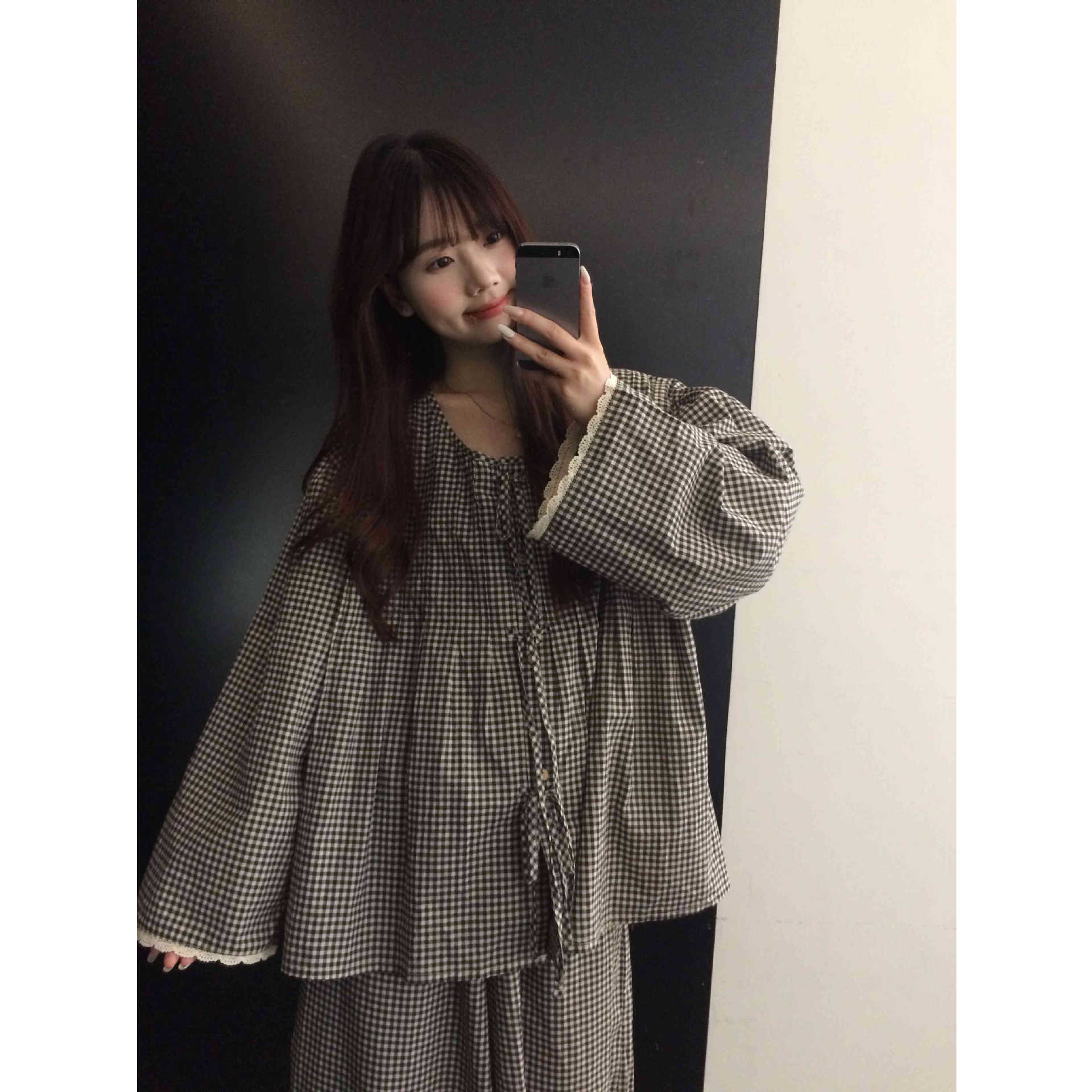 韩系格纹蕾丝花边睡衣女春秋季新款宽松大码可外穿家居服绵绸套装