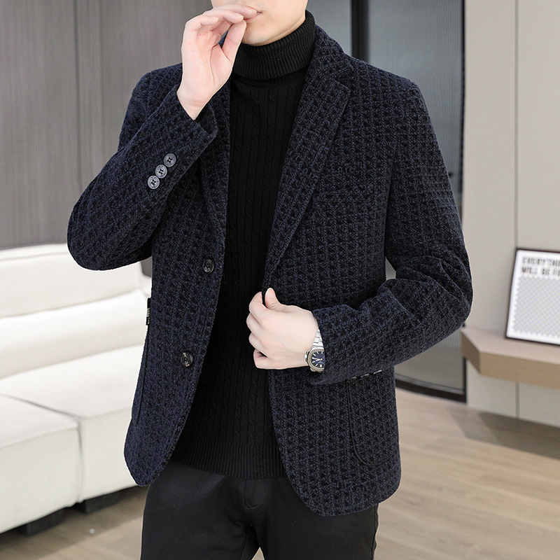 Chenille Suit Jacket Men's 2025 Autumn and Winter New Korean Style Slim Jacket Men's Plaid High-End Woolen Suit Men
