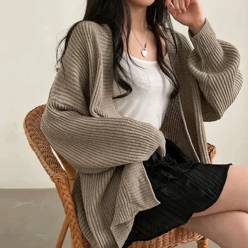 2025新款简约针织开衫纯色慵懒宽松休闲百搭中长款毛衣外套女秋冬|undefined