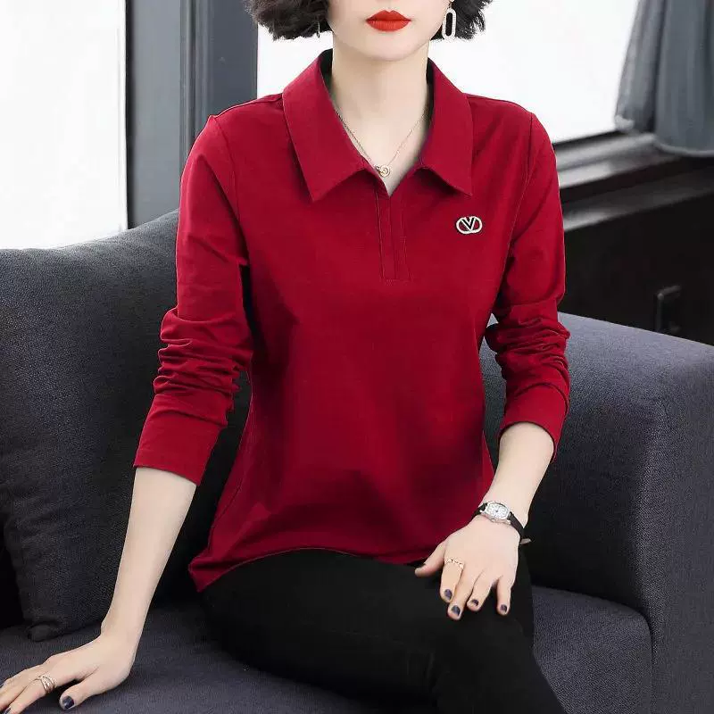 Однотонная женская рубашка с длинными рукавами, весенне-осенняя свободная женская одежда больших размеров, осенняя одежда для мам среднего возраста, нижняя рубашка, топ