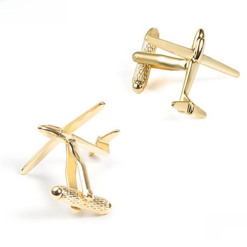 Personalized metal polished gold airplane cufflinks for men, French-style shirt cufflinks.