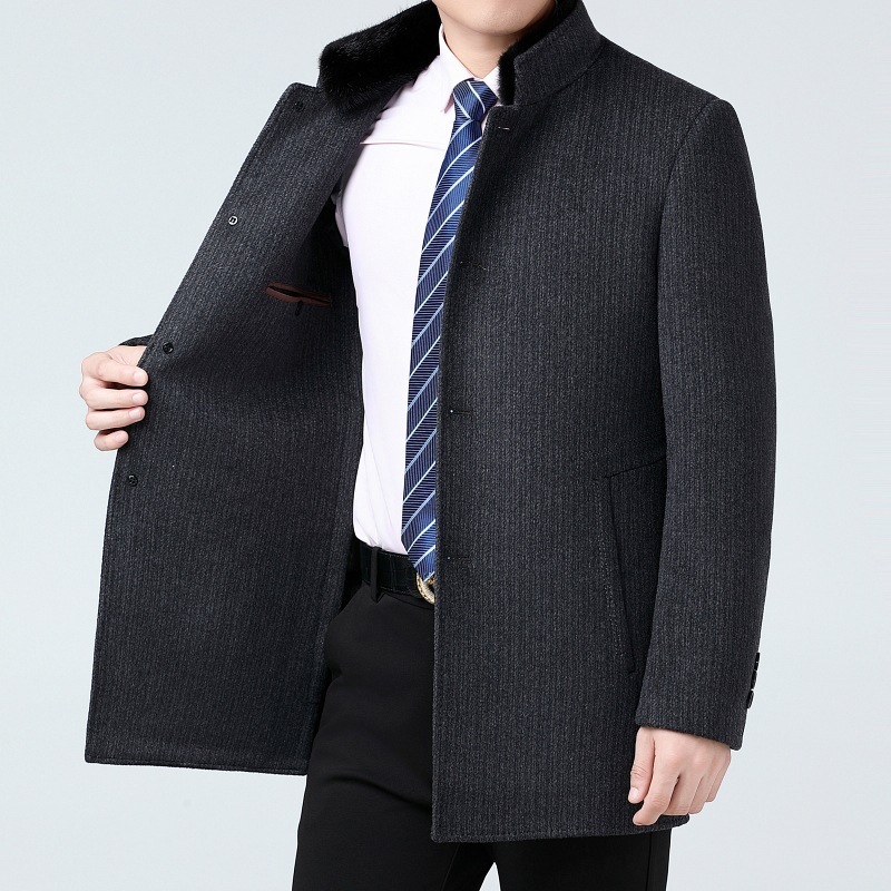 Branded cashmere overcoat for men, mid-length, business casual, suitable for middle-aged and elderly men, stand-up collar, wool and double-sided wool coat.