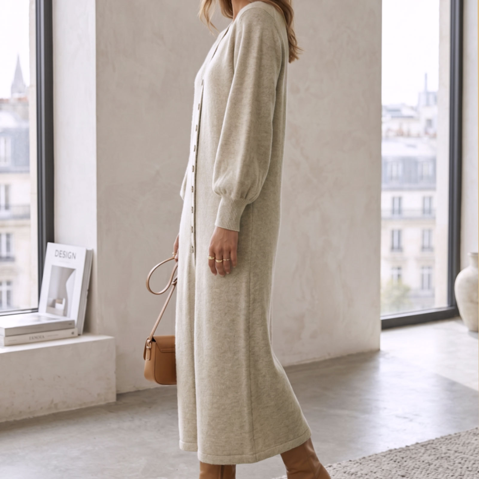 Amazon fashion knitted cardigan dress women's long solid color V-neck slim sweater dress autumn and winter new cross-border
