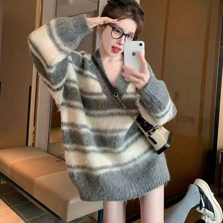 韩系胖mm慵懒复古撞色高级毛衣针织衫秋冬大码宽松条纹套头上衣女