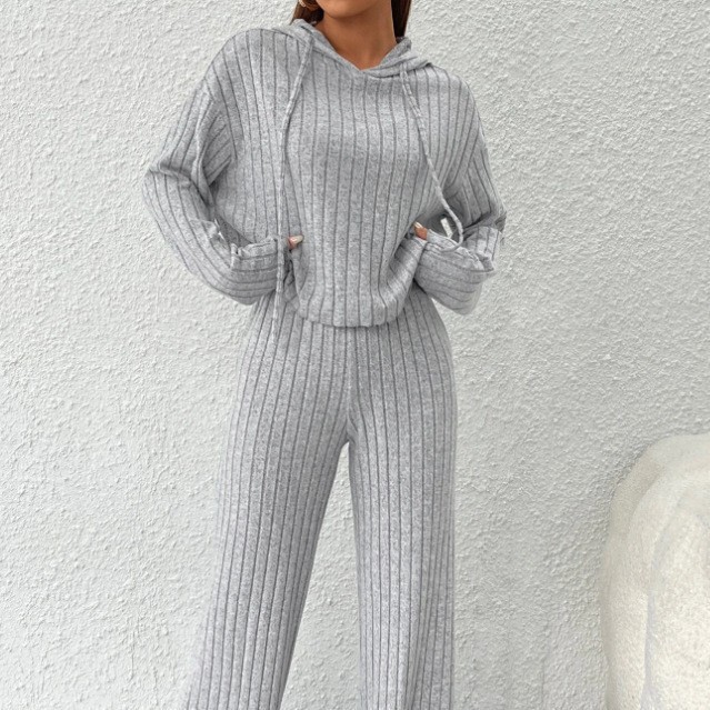 欧美秋冬睡衣跨境休闲针织长袖套装女外贸连帽卫衣宽松长裤两件套