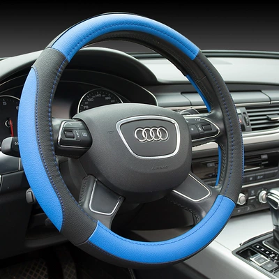 Steering wheel cover Car Handle Cover Leather Steering - black-blue-round-38cm