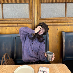 实拍 2025秋冬韩版甜美软糯紫色毛衣开衫+丝绒碎花A字半身裙套装