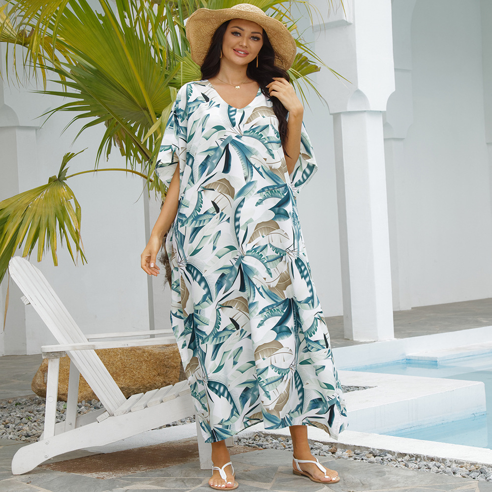 Europa y América de secado rápido blanco Fondo hojas impreso playa vestido vacaciones mono vestido largo playa Playa Sol protección camisa blusa 1D35