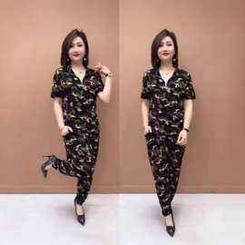 迷彩时尚大码夏季套装女休闲运动裤短袖翻领洋气减龄T 恤两件套薄