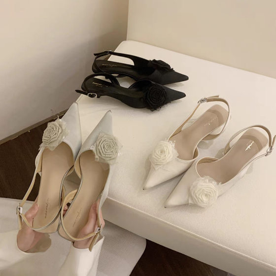 Spring 2025 New Pointed One-Shallow Satin Rose Evening Women's Shoes