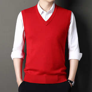 V-Neck Vest Autumn and Winter New Men's Thickened Sleeveless Knitted Vest Sweater Solid Color Middle-aged Business Inner Sweater