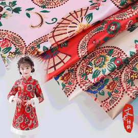厂家直供沙丁扇子图案 贡缎仙鹤数码印花 汉服中国风印花面料