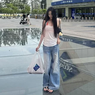 胖mm大码蓝色设计感磨白做旧阔腿牛仔裤女秋季新款直筒显瘦拖地裤