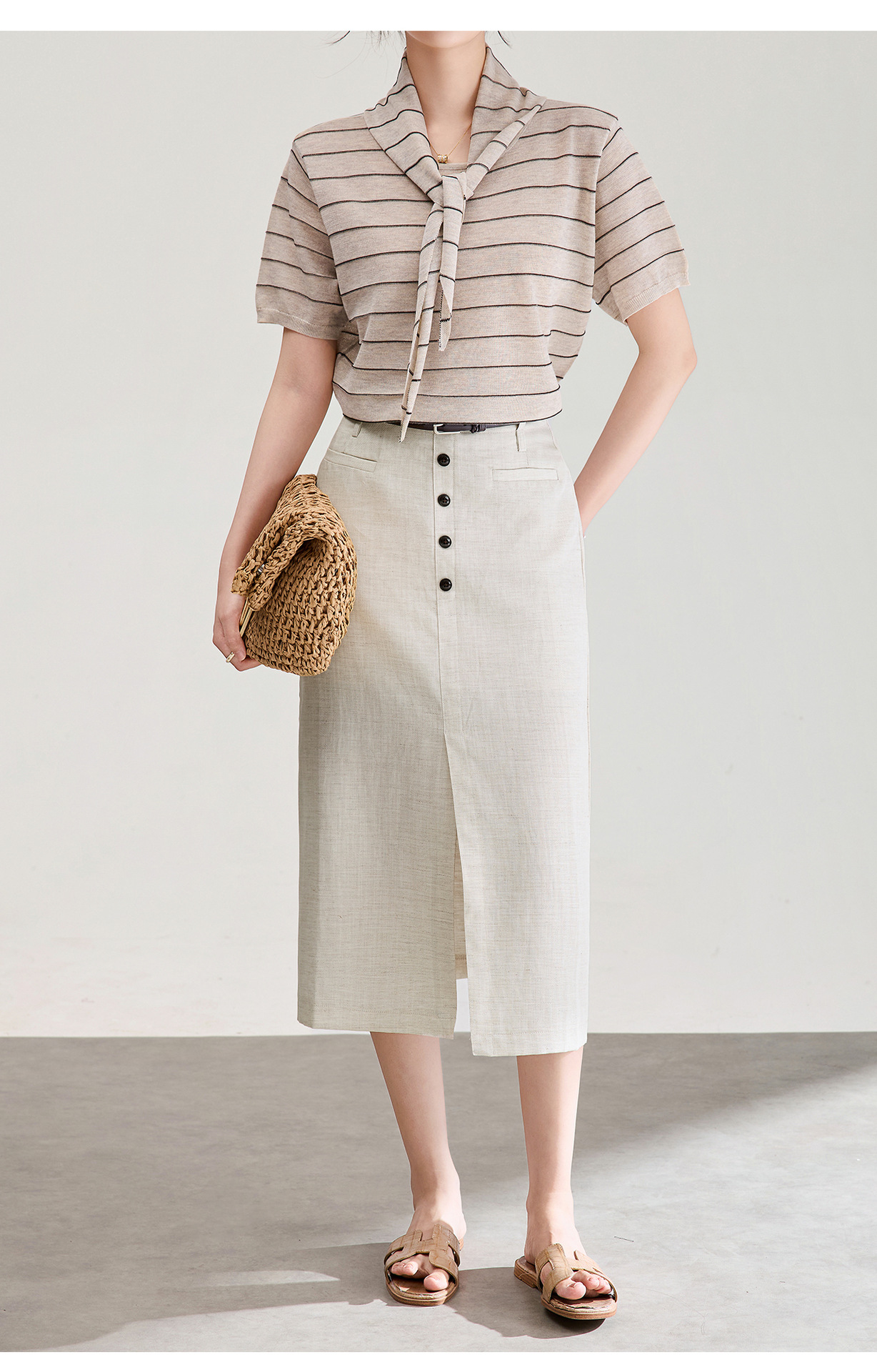 Chân váy xếp ly nữ xòe chất liệu tencel linen thoáng mát — Màu gai dầu thô chi tiết 17