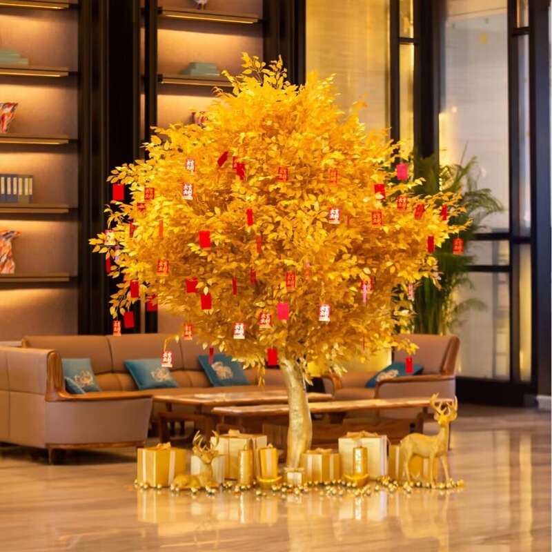 Artificial Golden Banyan Tree, Money Tree, Wish Tree, Large Fake Tree, Fortune Tree, New Year Red Envelope Tree, Decorative Tree for Shopping Malls and Hotels