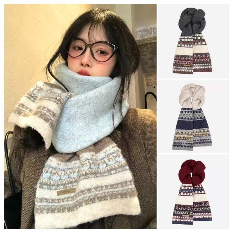 New Fair Isle Style Jacquard Knitted Scarf for Women, Versatile for Autumn and Winter, Thickened for Warmth and Cold Protection, Neck-Protecting Woolen Scarf