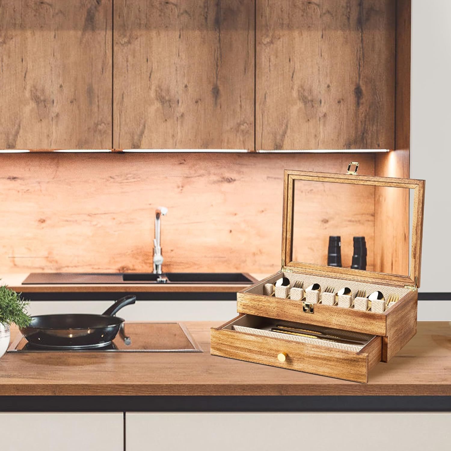 Platería de madera con cajón Embalaje Caja de madera Cocina Cuchillos, tenedores y cucharas de madera maciza de doble capa Caja de almacenamiento de vajilla Caja de joyería para el hogar