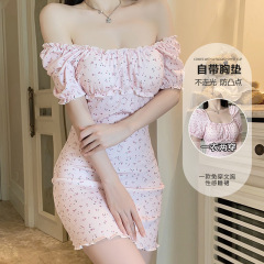 薔薇若ブランド下着深v加胸パッド甘美純欲砕花氷糸寝スカート大サイズ家庭服セット5091