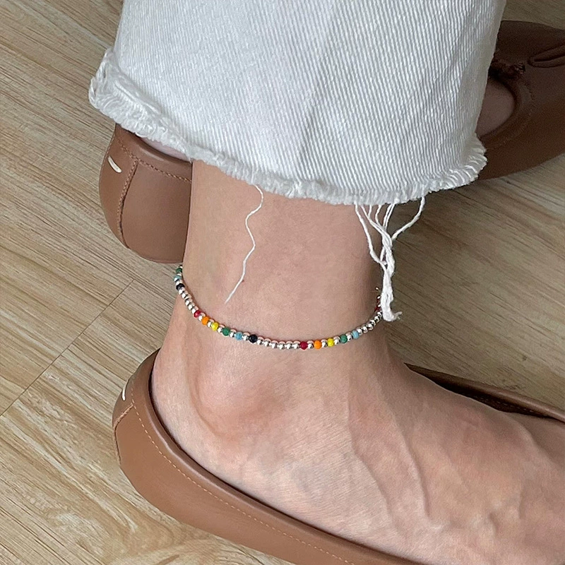 Серебряное браслет, радужный бусинный браслет, браслет на щиколотку, свежий милый эластичный ремешок, корейский стиль, проба серебра 925, качественный стиль