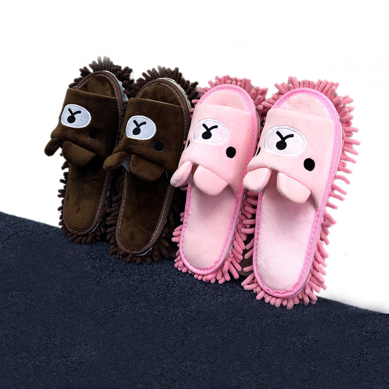 Couple style cute cartoon bear ears short plush removable bottom lazy mop floor sweeping mop slippers