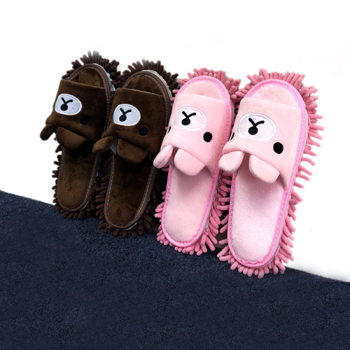 Couple style cute cartoon bear ears short plush removable bottom lazy mop floor sweeping mop slippers