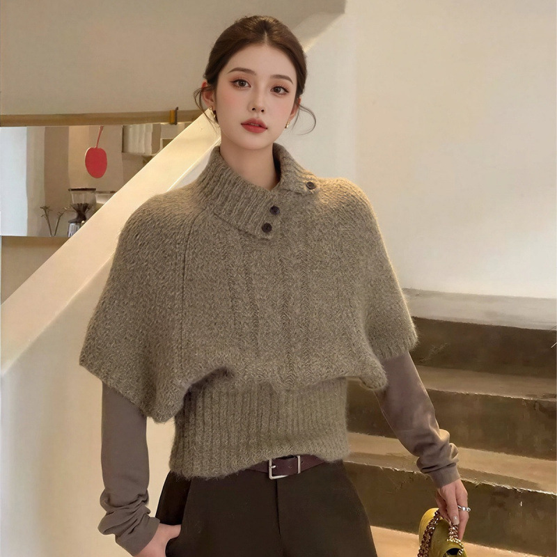 Brown Korean-style turtleneck short-sleeve knitted sweater for women, early autumn casual mid-sleeve cape top Brown Korean-style turtleneck short-sleeve knitted sweater for women, early autumn casual mid-sleeve cape top