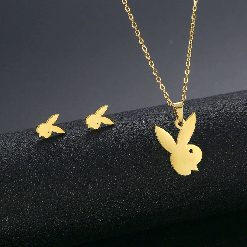 Шипы Авеню Золотой Cartoon Rabbit подвеска набор - ожерелье из нержавеющей стали и брелок, Элегантный дизайн