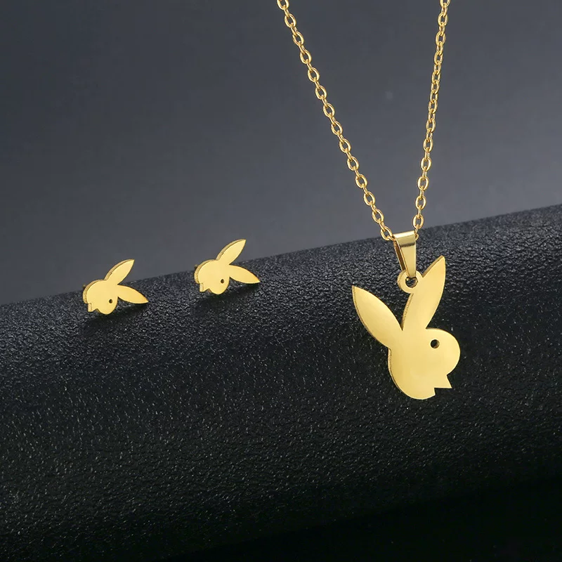 Шипы Авеню Золотой Cartoon Rabbit подвеска набор - ожерелье из нержавеющей стали и брелок, Элегантный дизайн
