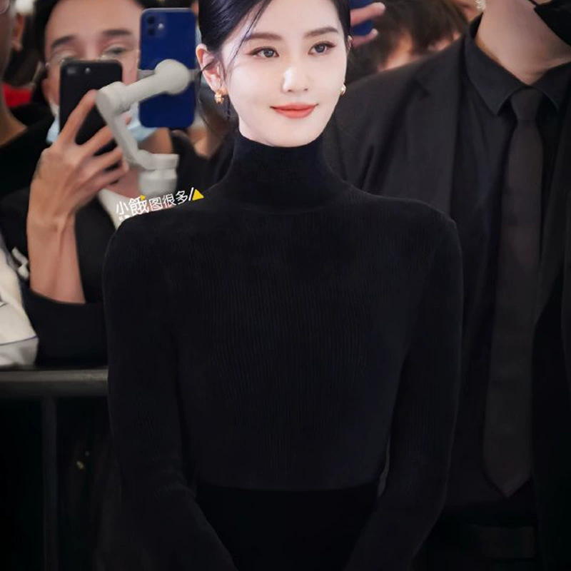 Звездный черный свитер женский высокий воротник тонкий нижний свитер с длинными рукавами простой свитер с короткими свитерами