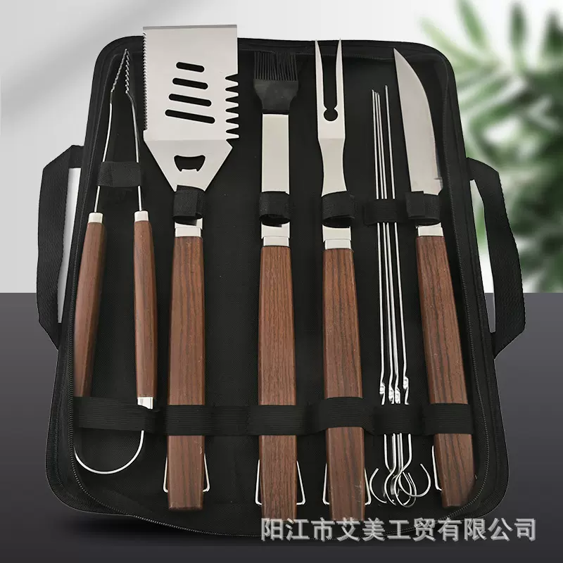 BBQ410不锈钢披覆木纹四方柄烤具布袋烧烤叉铲夹套装