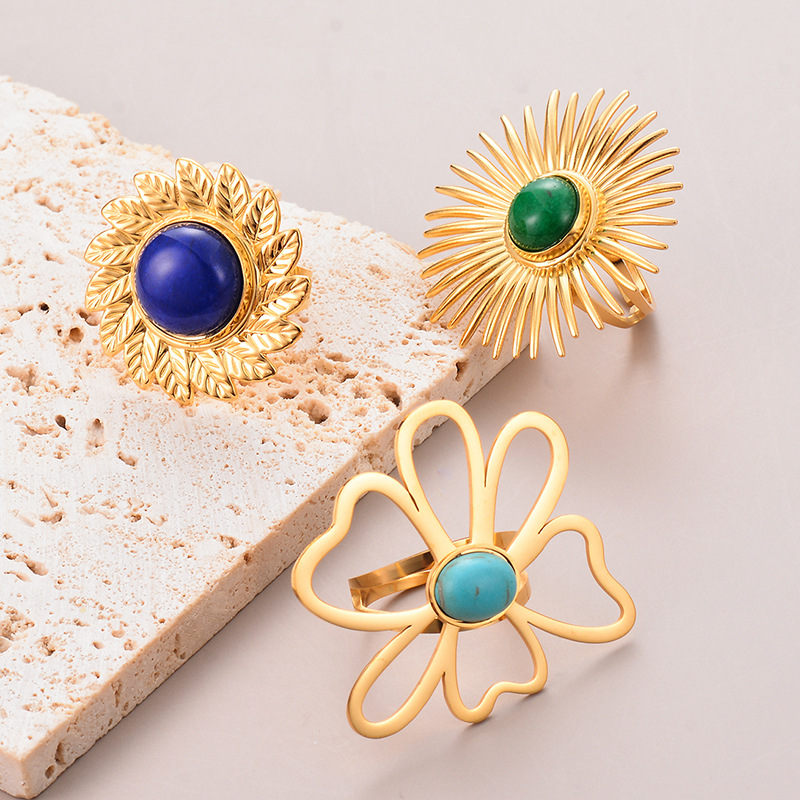 PVD Coated Gold Plating Process Vintage Style Ethnic Style Flower Stainless Steel Plating Open Rings