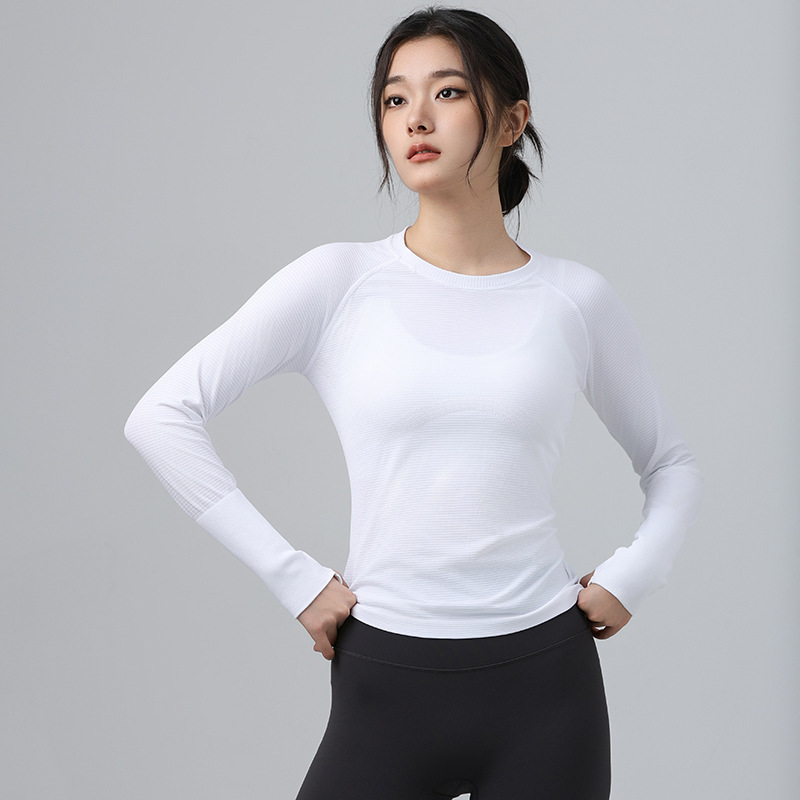 Otoño y invierno nuevos deportes sin costuras acondicionamiento rápido secado mangas largas delgadas ropa de yoga de cuello redondo entrenamiento running top al aire libre