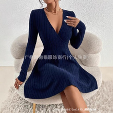 2025秋冬亚马逊欧美外贸爆款女装长袖v领收腰时尚休闲连衣裙