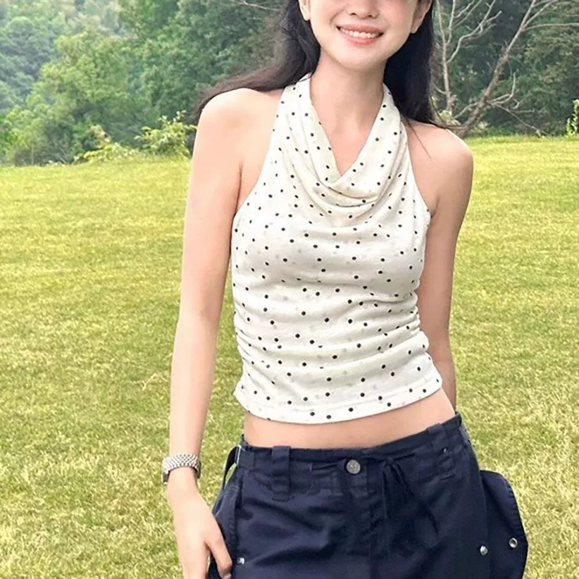 Оптовая продажа: летний топ-майка в французском стиле с принтом в горошек, корейский простой стиль, открытая спина, эффектное и притягательное.